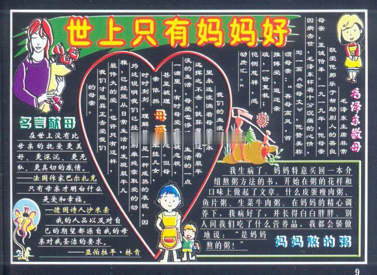 庆祝母亲节专题黑板报设计作品欣赏：世上只有妈妈好—母爱/名言献母/毛泽东敬...